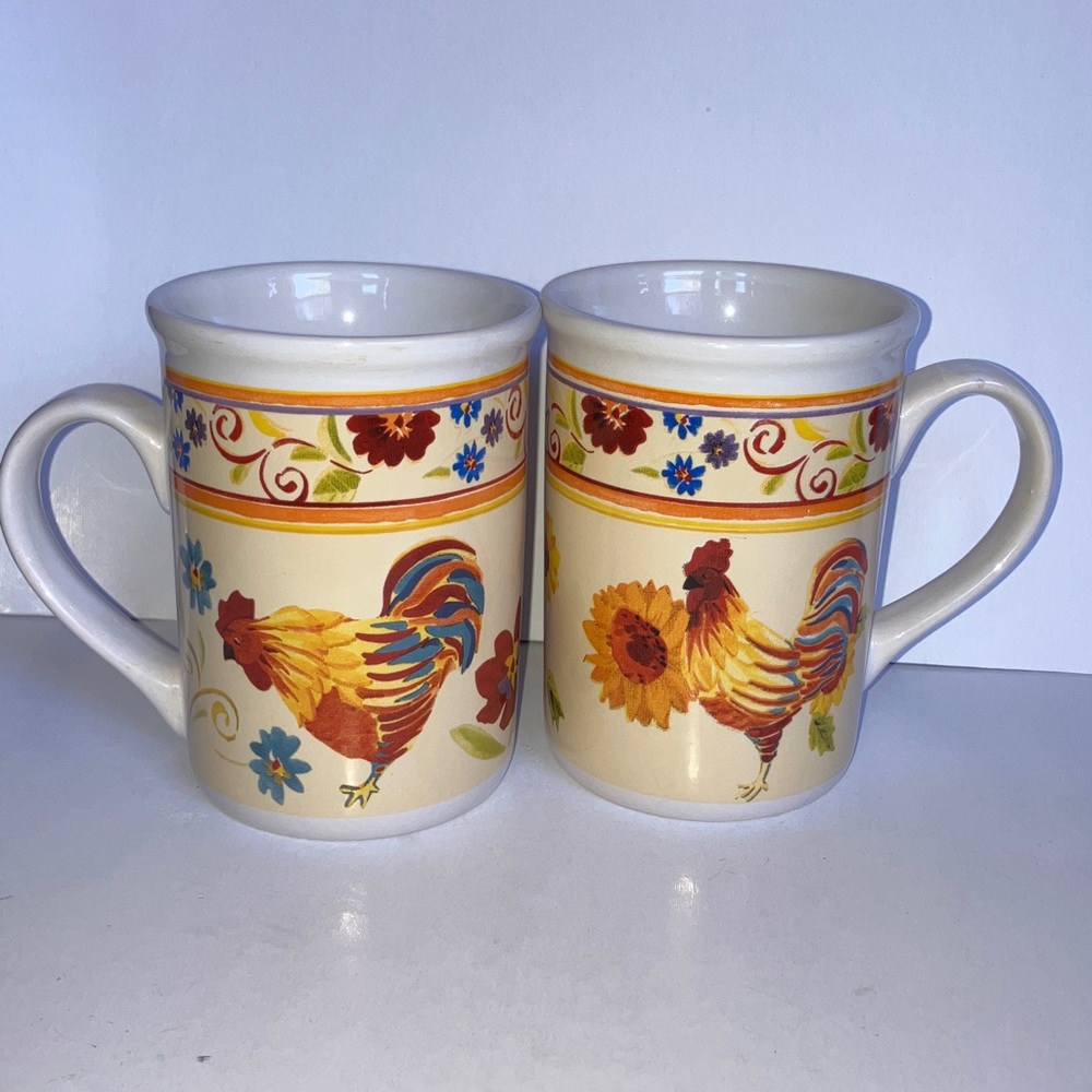 Floral Rooster Hen Chicken‎ Ceramic Tall 12 oz Mugs - Set of 2